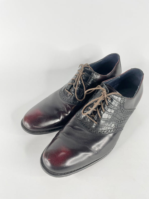 Cole Haan Burgundy Crocodile-Skin Leather Lace Ups - 12