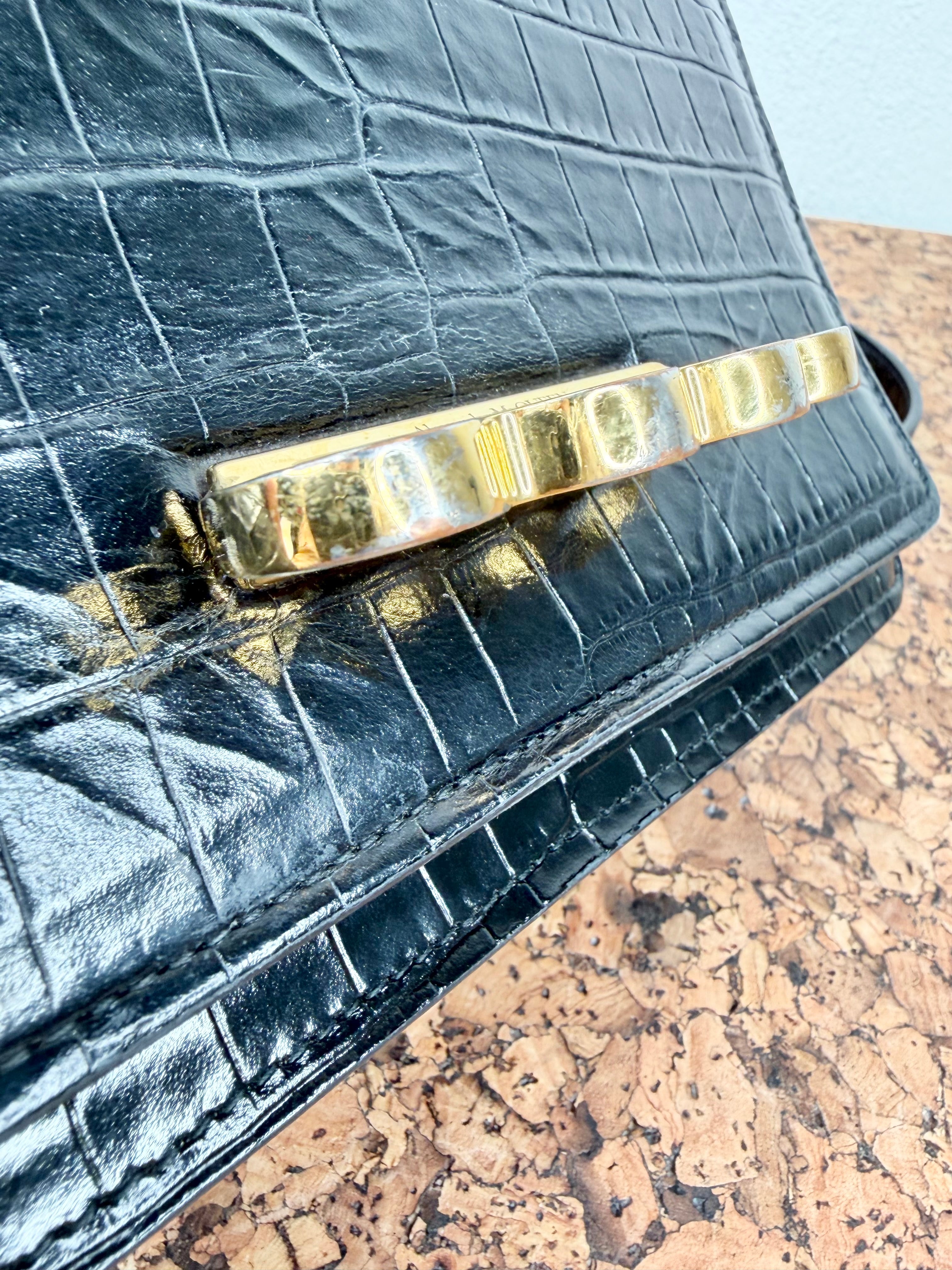 Alexander McQueen Black Croc Embossed 4 Ring Satchel