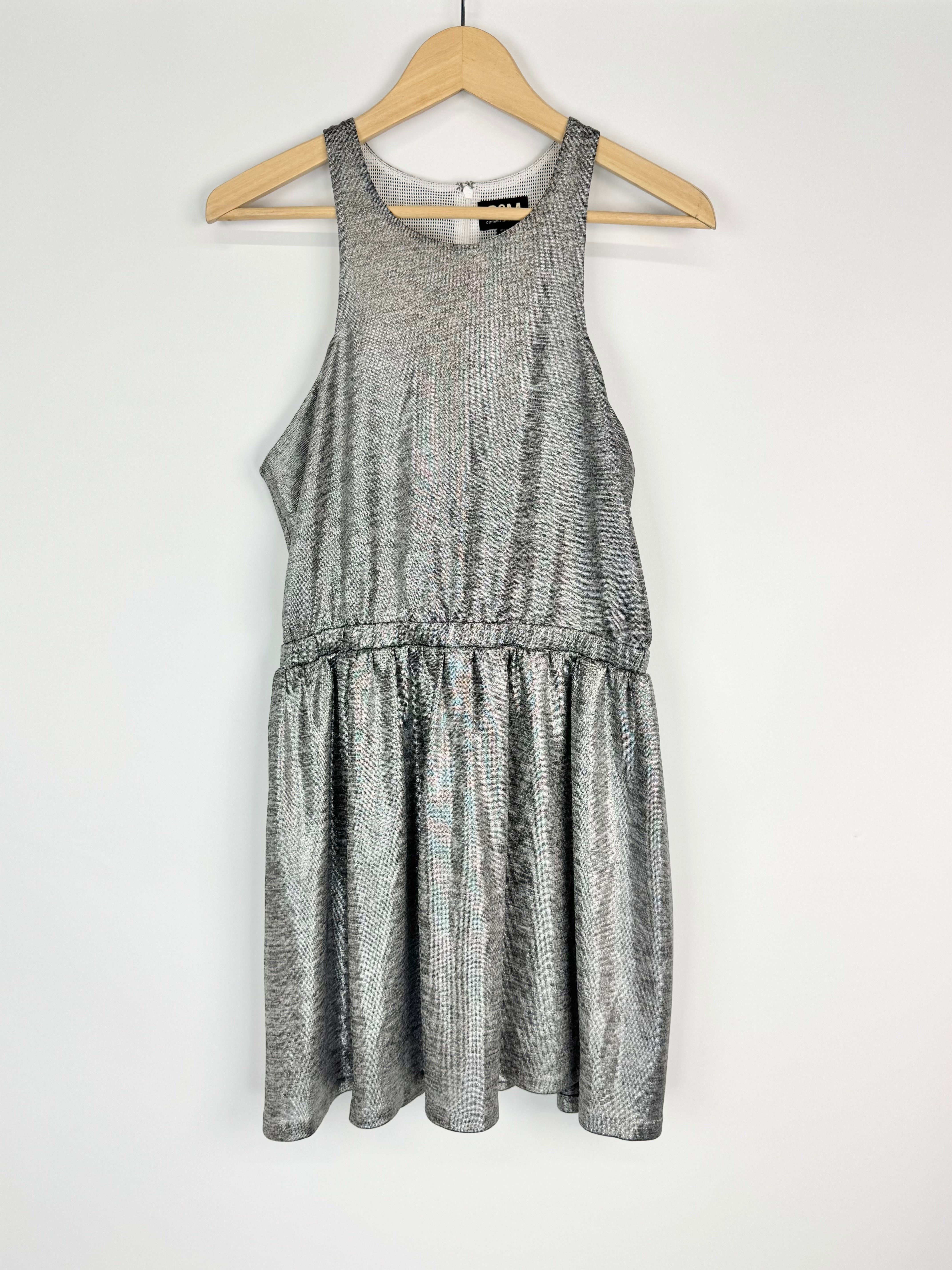 Gray sleeveless dress on a wooden hanger against a white background