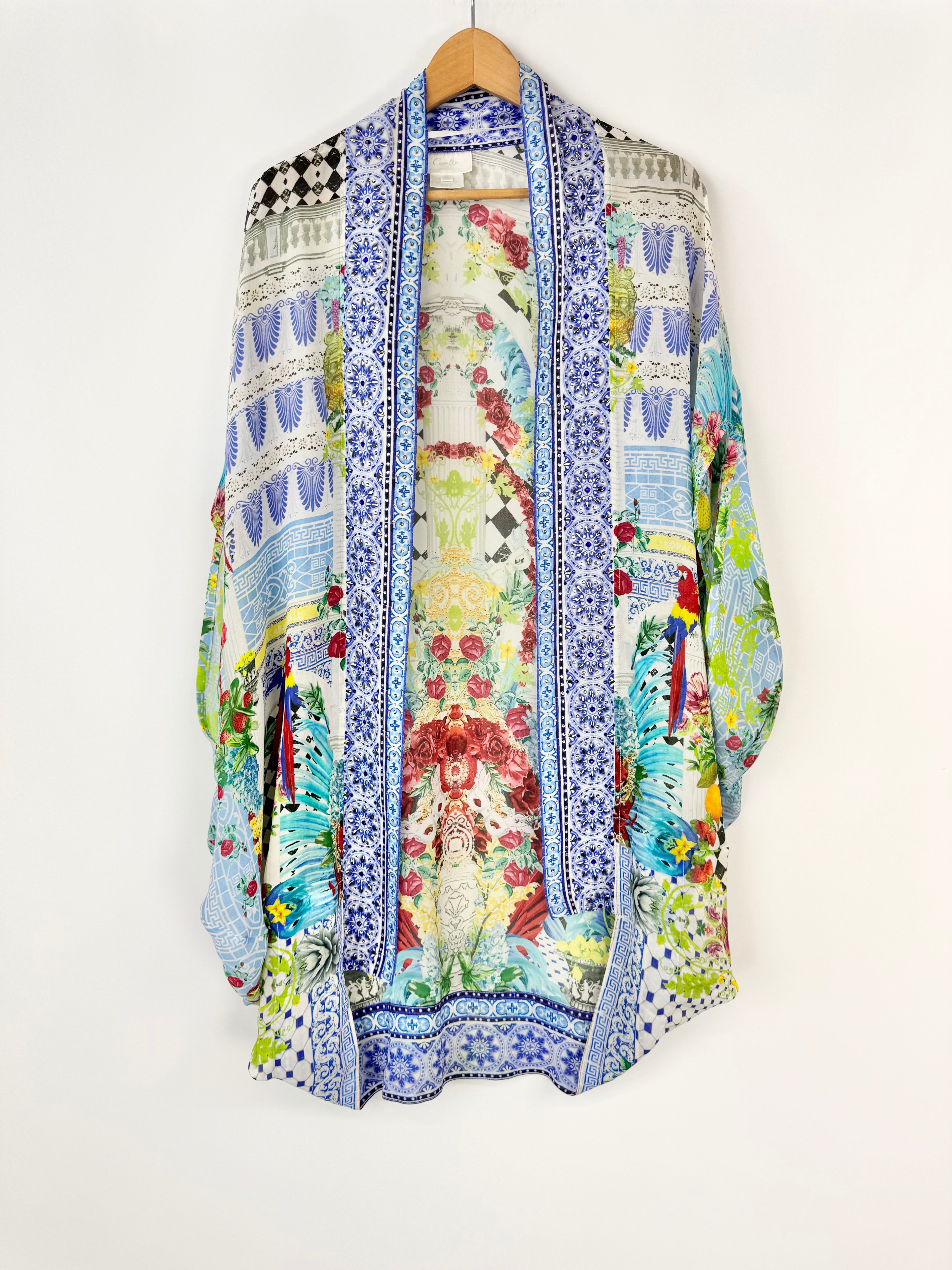 Colorful patterned kimono on a white background