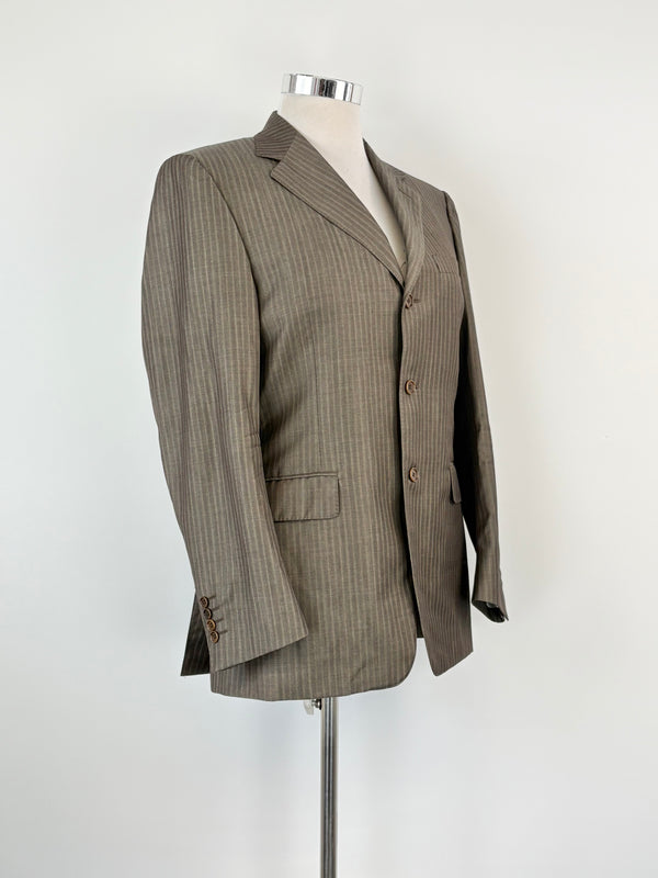 A Canali umber striped wool blazer displayed on a mannequin, featuring three buttons and a notched lapel.
