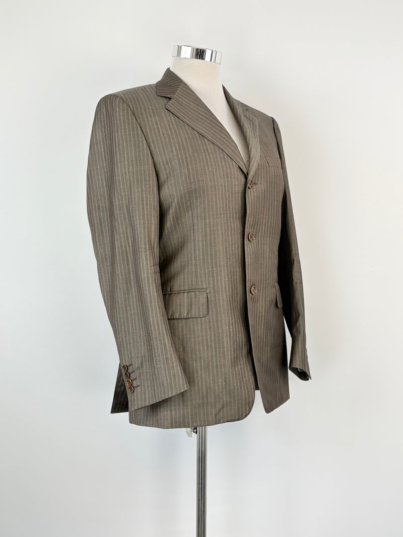A Canali umber striped wool blazer displayed on a mannequin, featuring three buttons and a notched lapel.