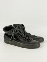 Pair of black high-top sneakers on a white background