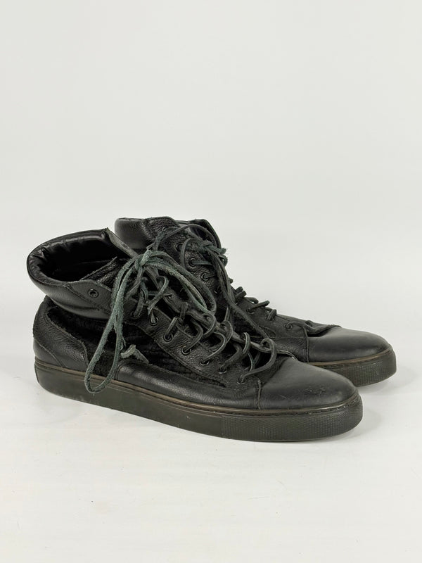 Pair of black high-top sneakers on a white background