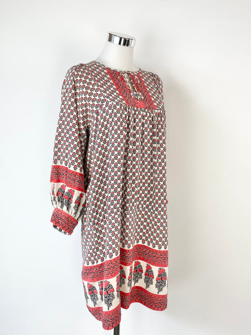 Ulla Johnson Red & Cream Floral Motif Bohemian Silk Dress - AU8/10
