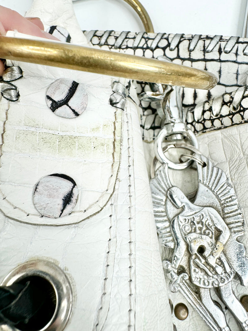 Sabbatha White Croc Embossed Studded Shoulder Bag