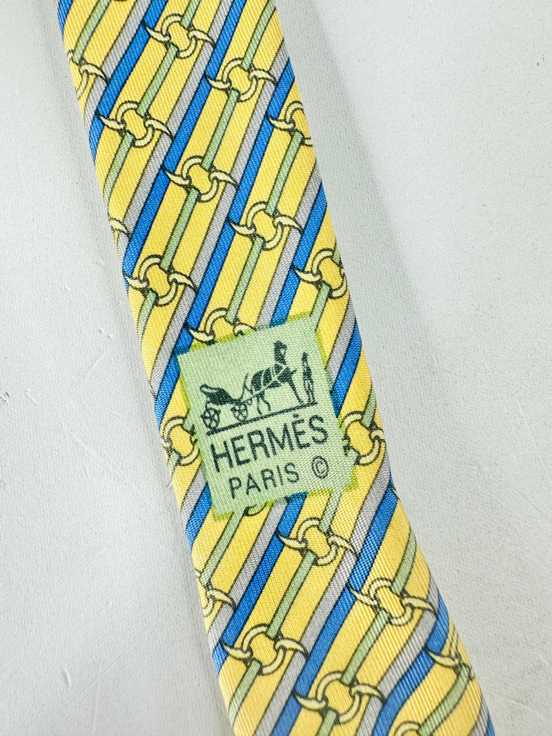 Vintage Hermes Butter Yellow & Blue Patterned Tie