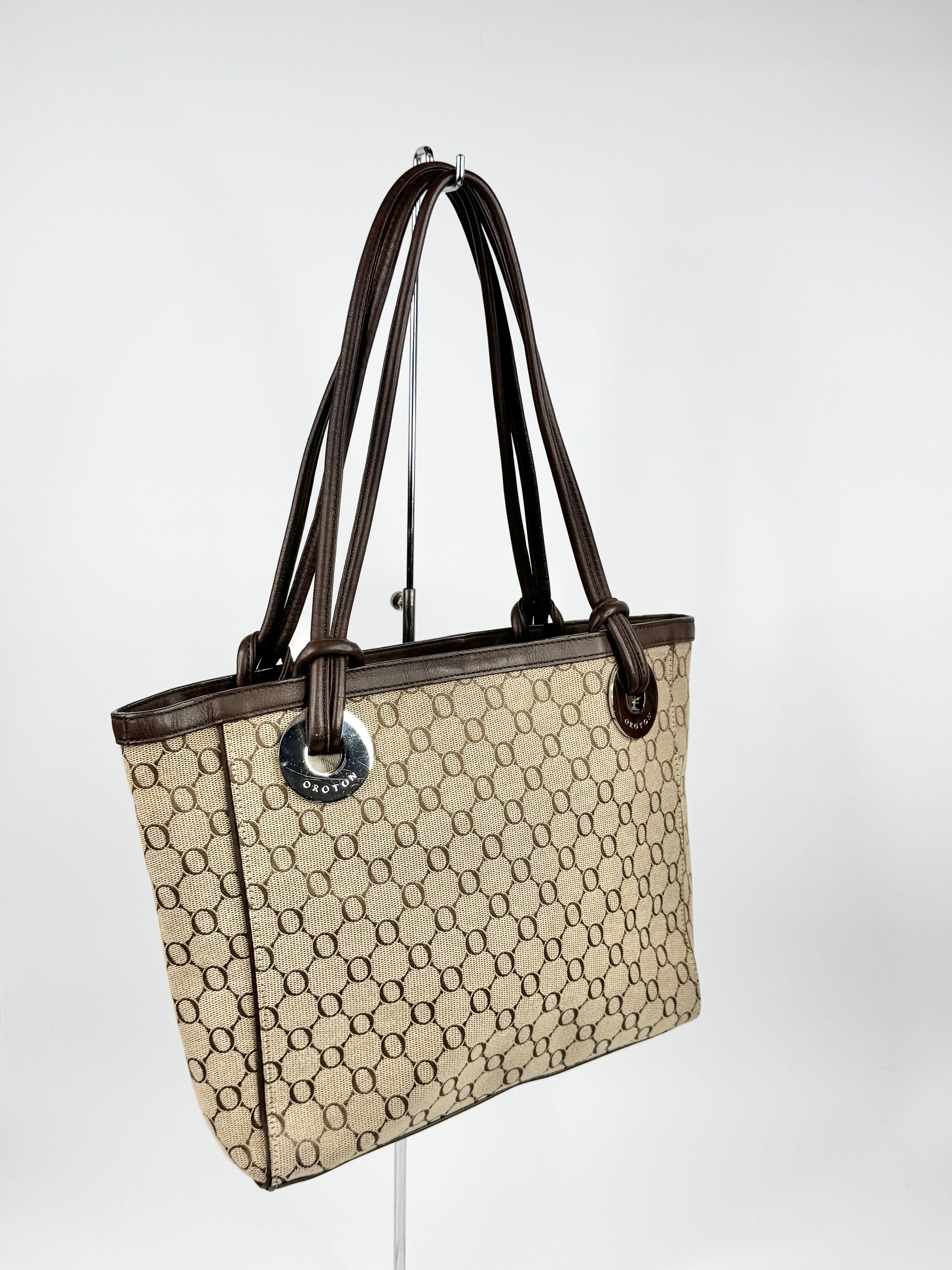Oroton Beige & Brown Monogramed Tote Bag