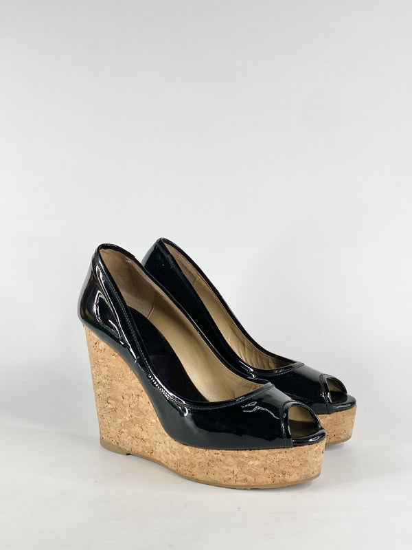 Jimmy Choo Black Patent Leather 'Papina' Peep Toe Wedges - EU39.5