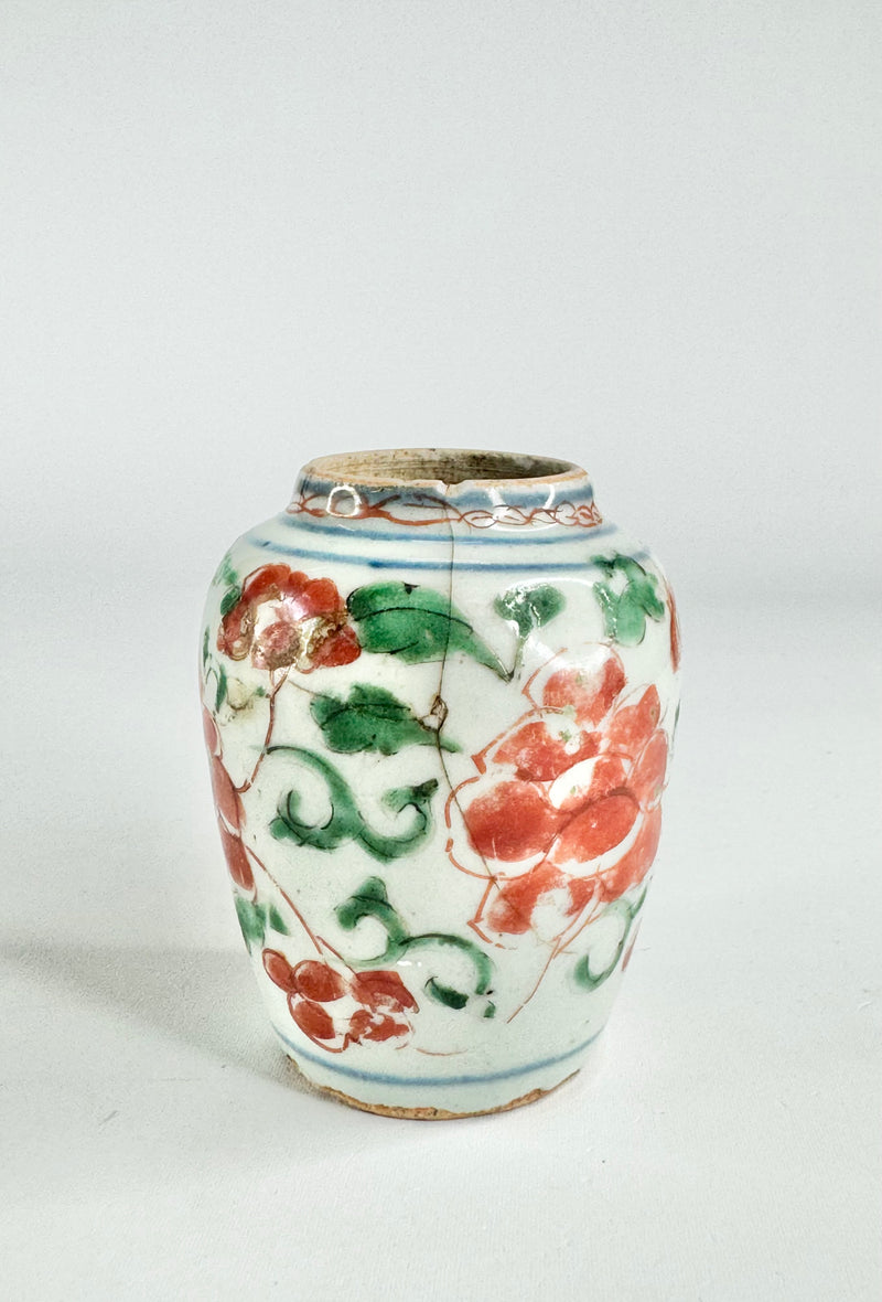 Antique Red & Green Hand Painted Floral Vase