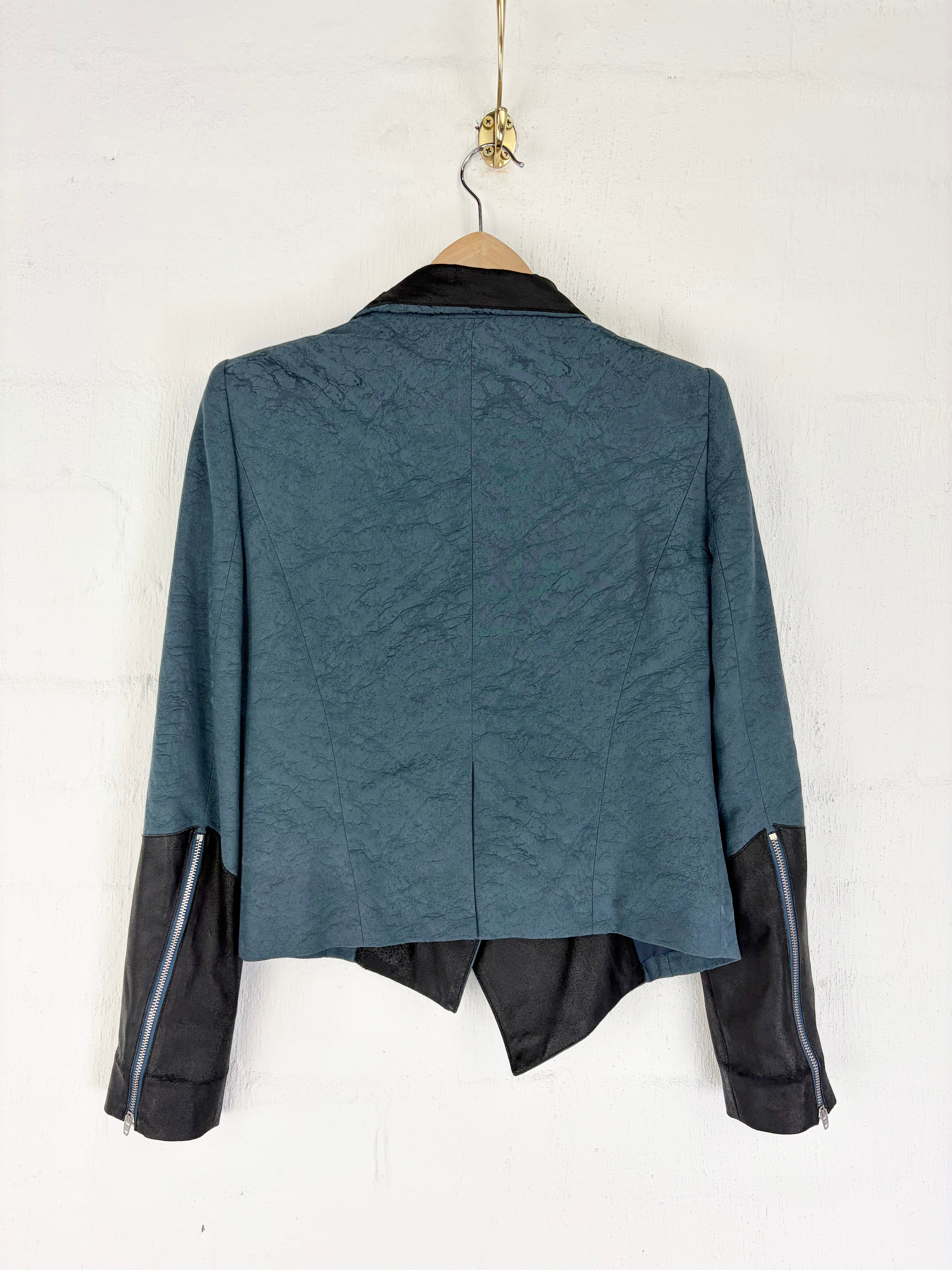 Helmut Lang Crushed Satin & Leather Petrol & Black Blazer - AU8/10