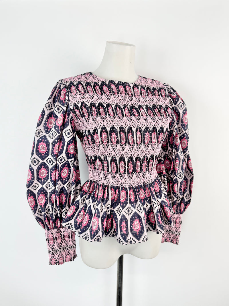 Malie Pink & Purple Patterned Peasant Blouse NWT - AU8/10