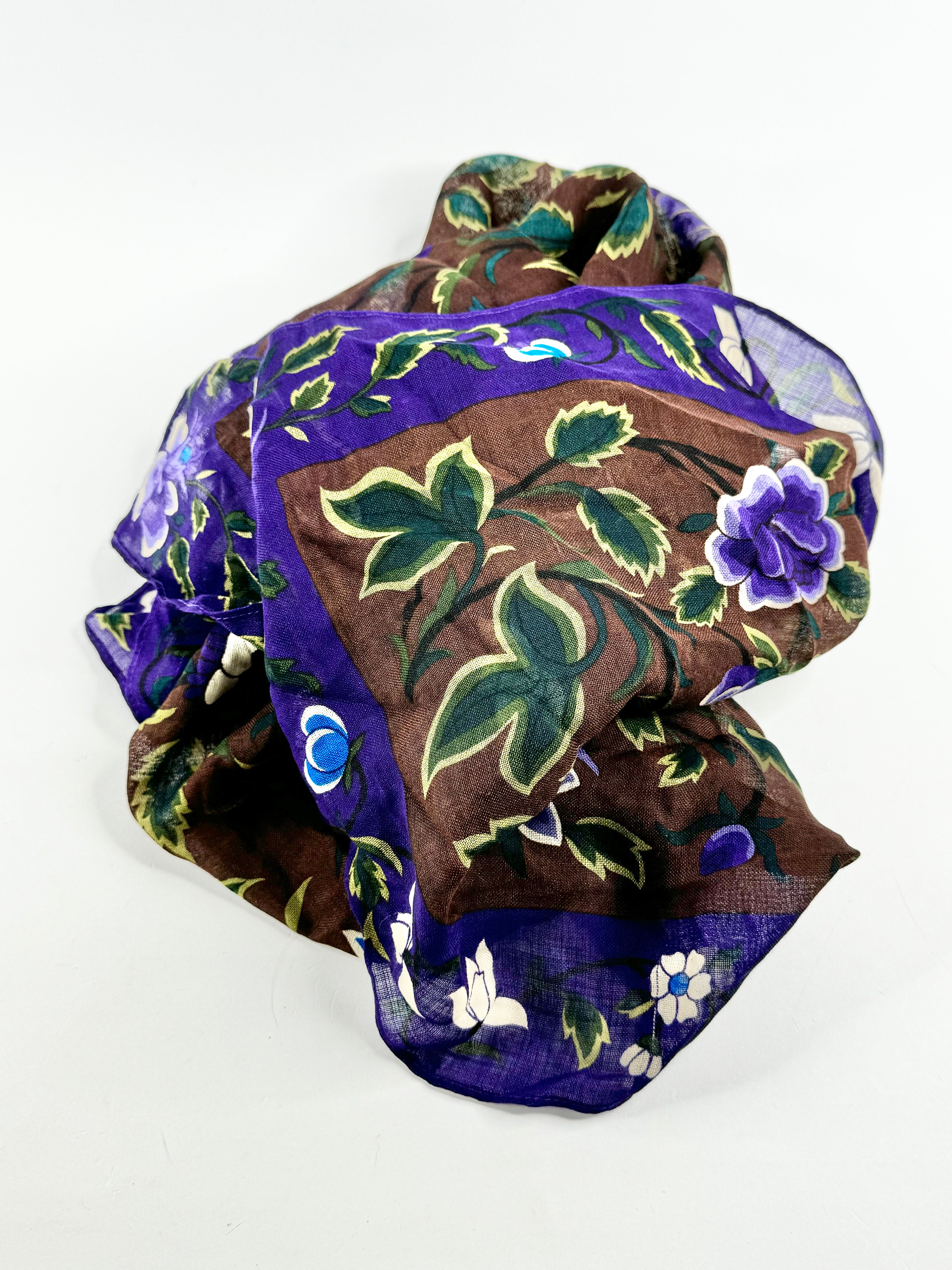 Vintage Kenzo Purple & Brown Retro Floral Pattern Scarf