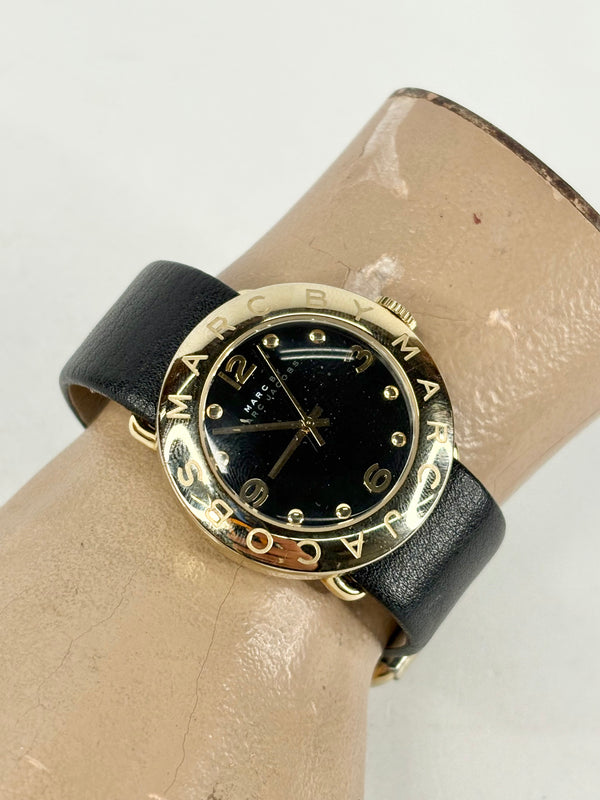 Marc by Marc Jacobs Amy Black Leather & Yellow Gold Watch