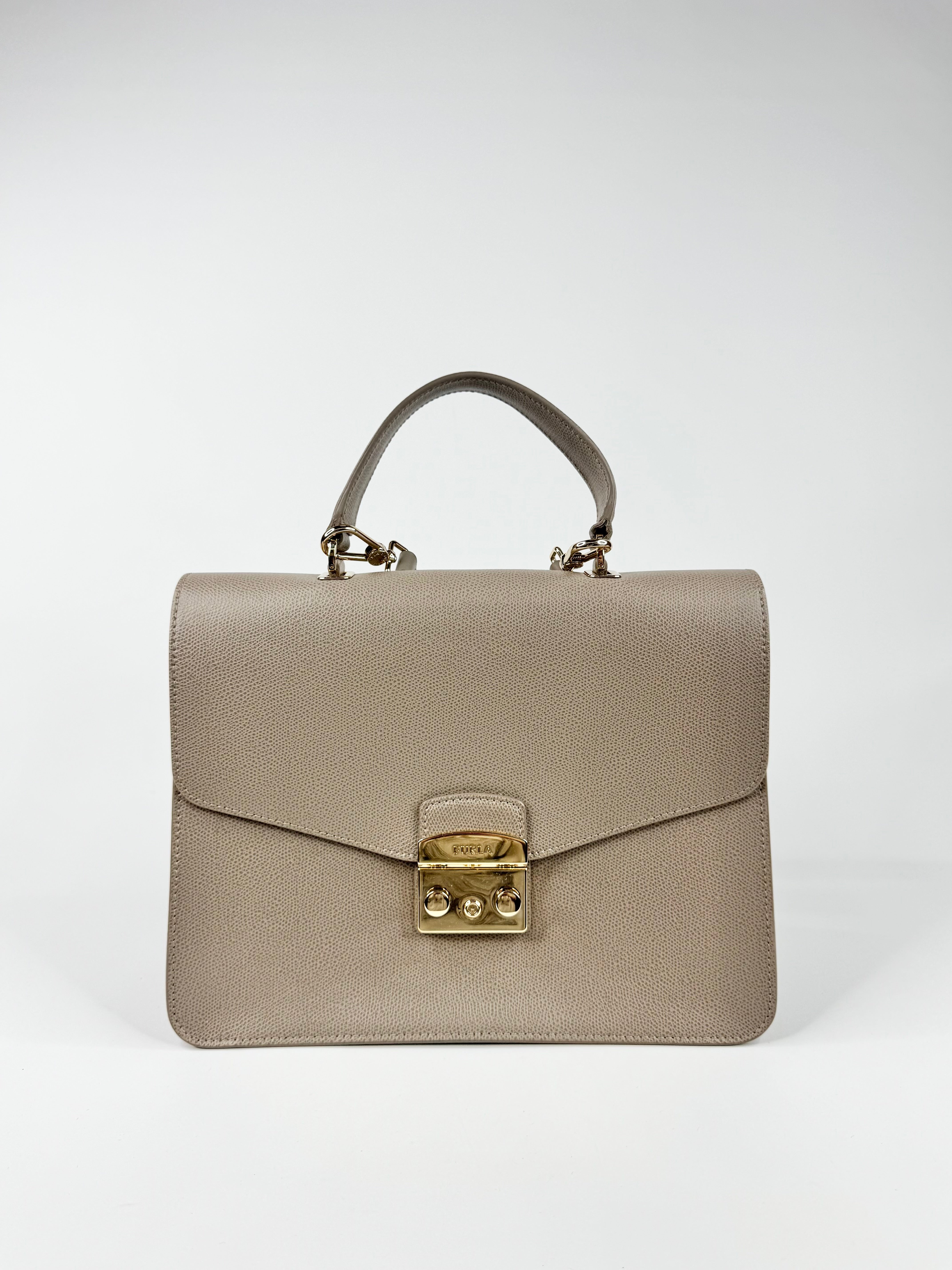 Furla Taupe Top-Handle Saffiano Leather Handbag