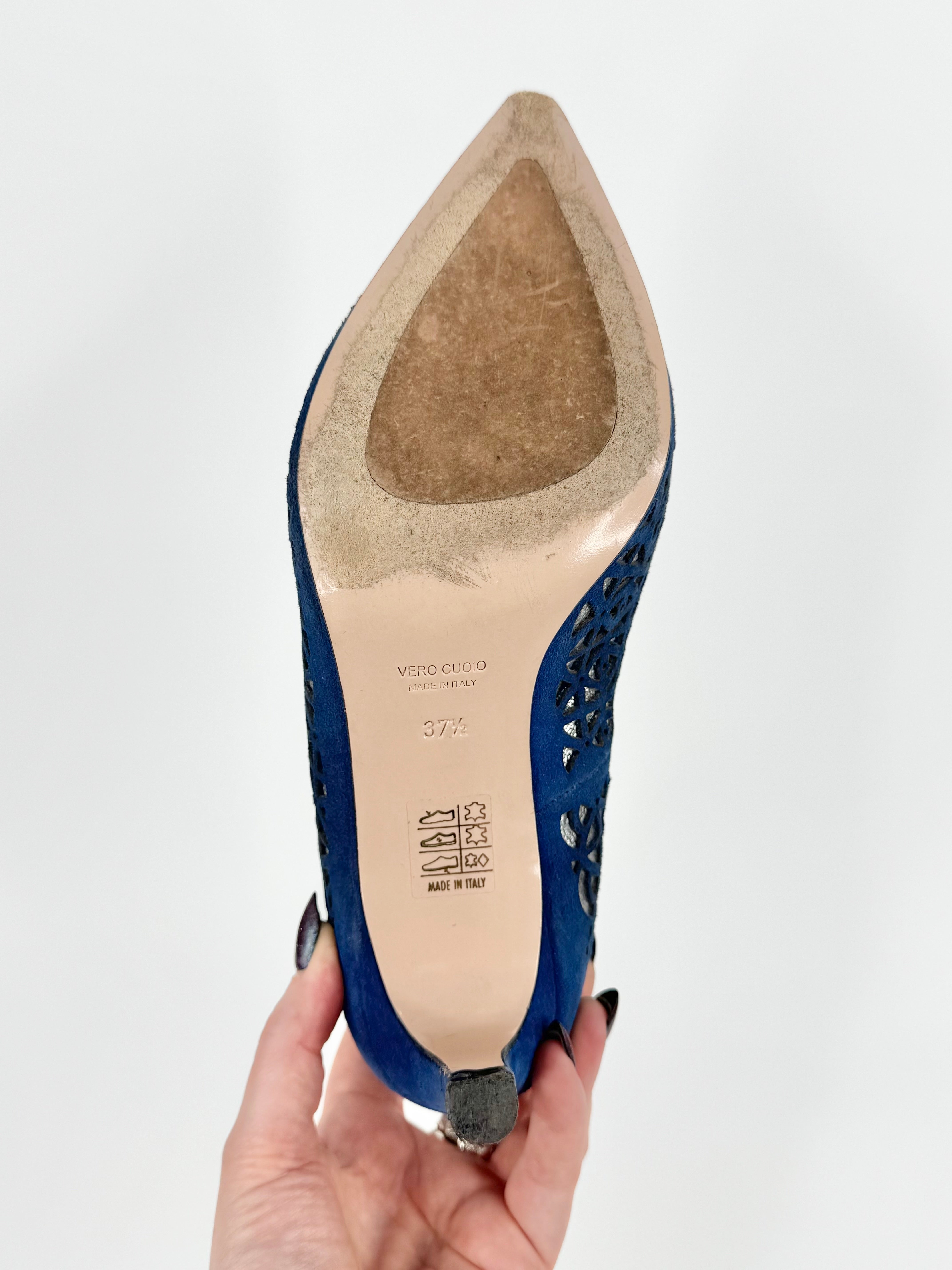 Napoleoni Blue & Silver Lazer Cut Kitten Heels - EU37.5