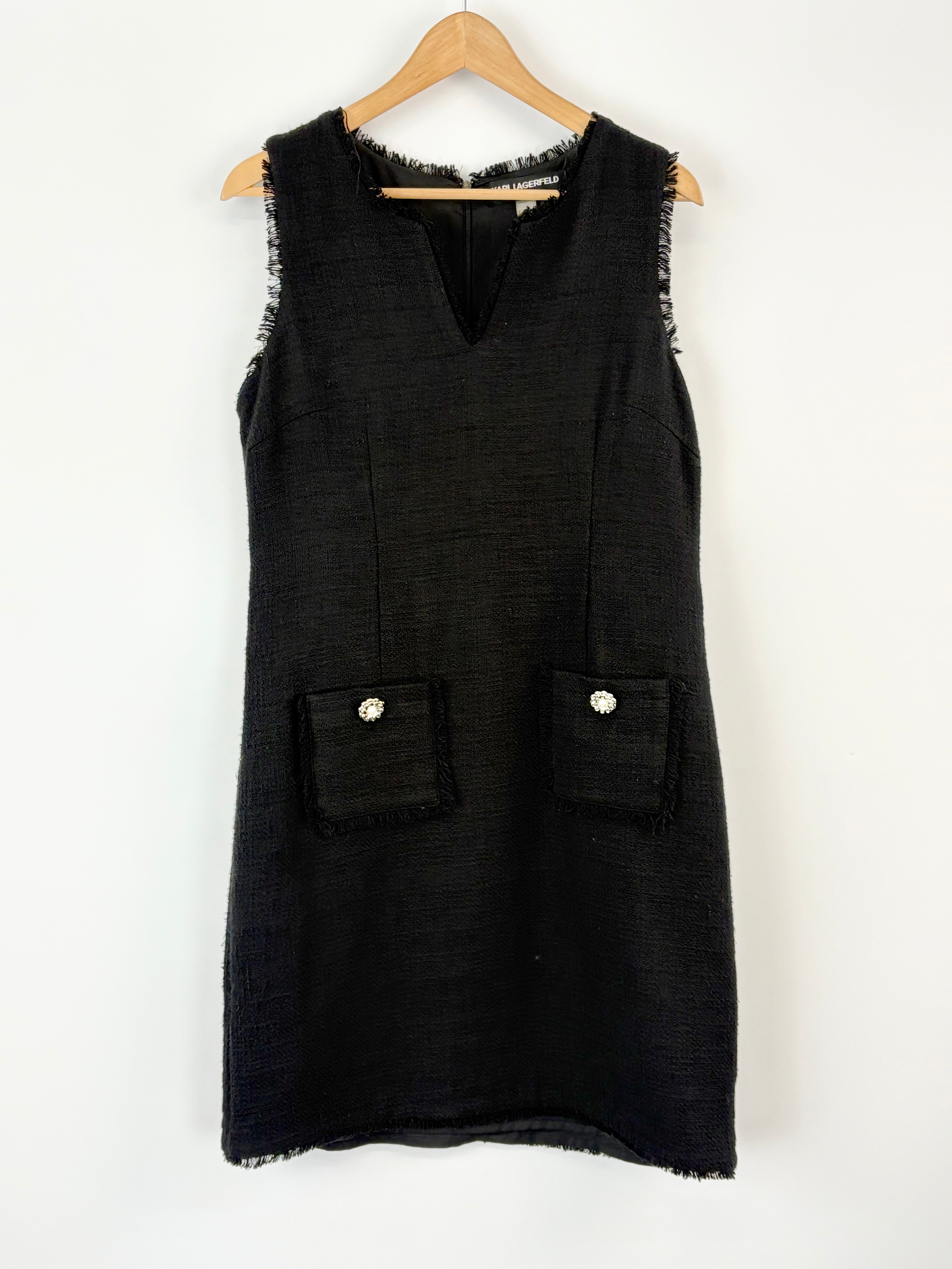 Karl Lagerfeld Black Fringed-Hems Tweed Midi Dress - AU10