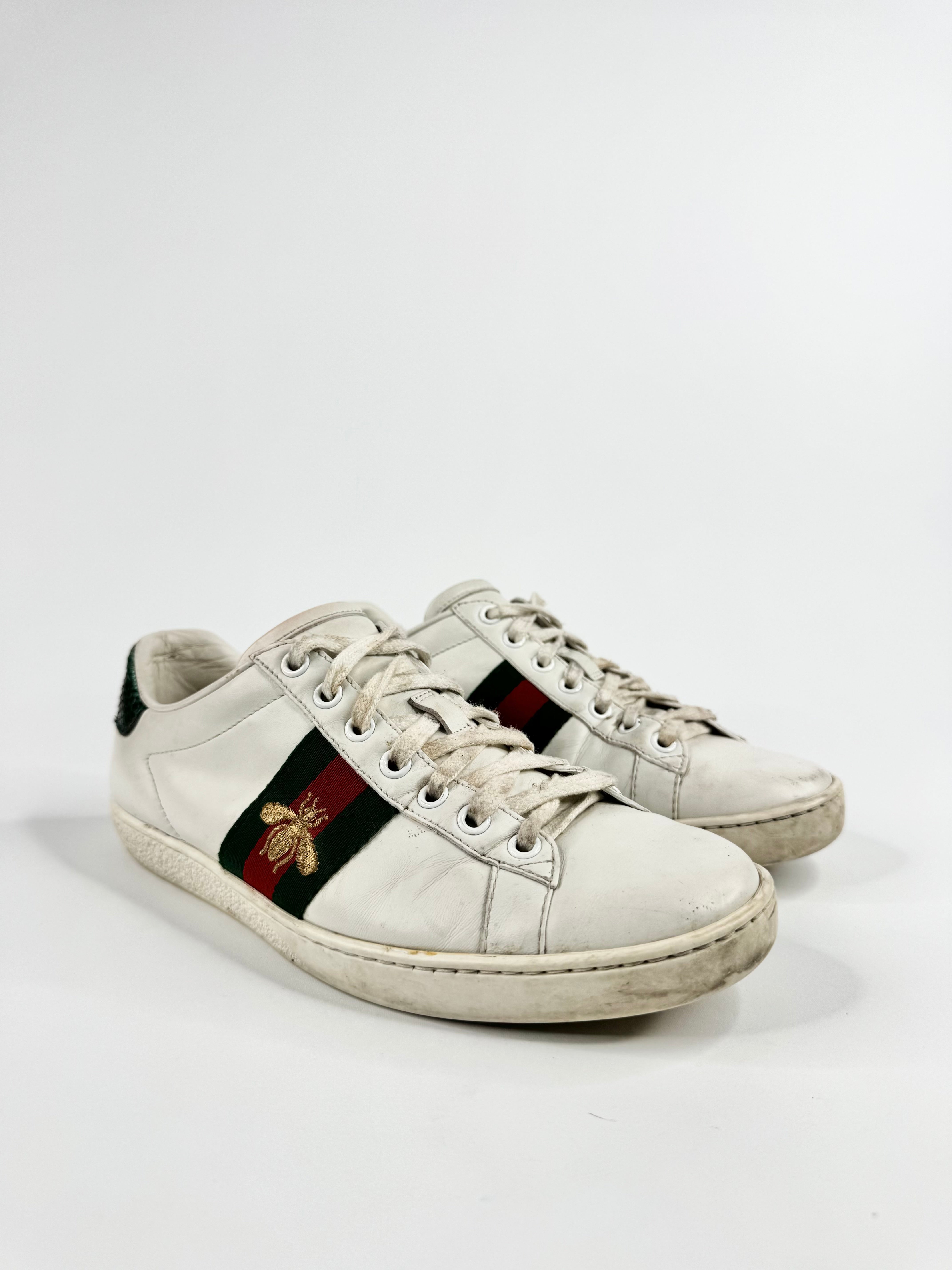 Gucci White Leather 'Ace' Bee Embroidered Sneakers - EU36.5
