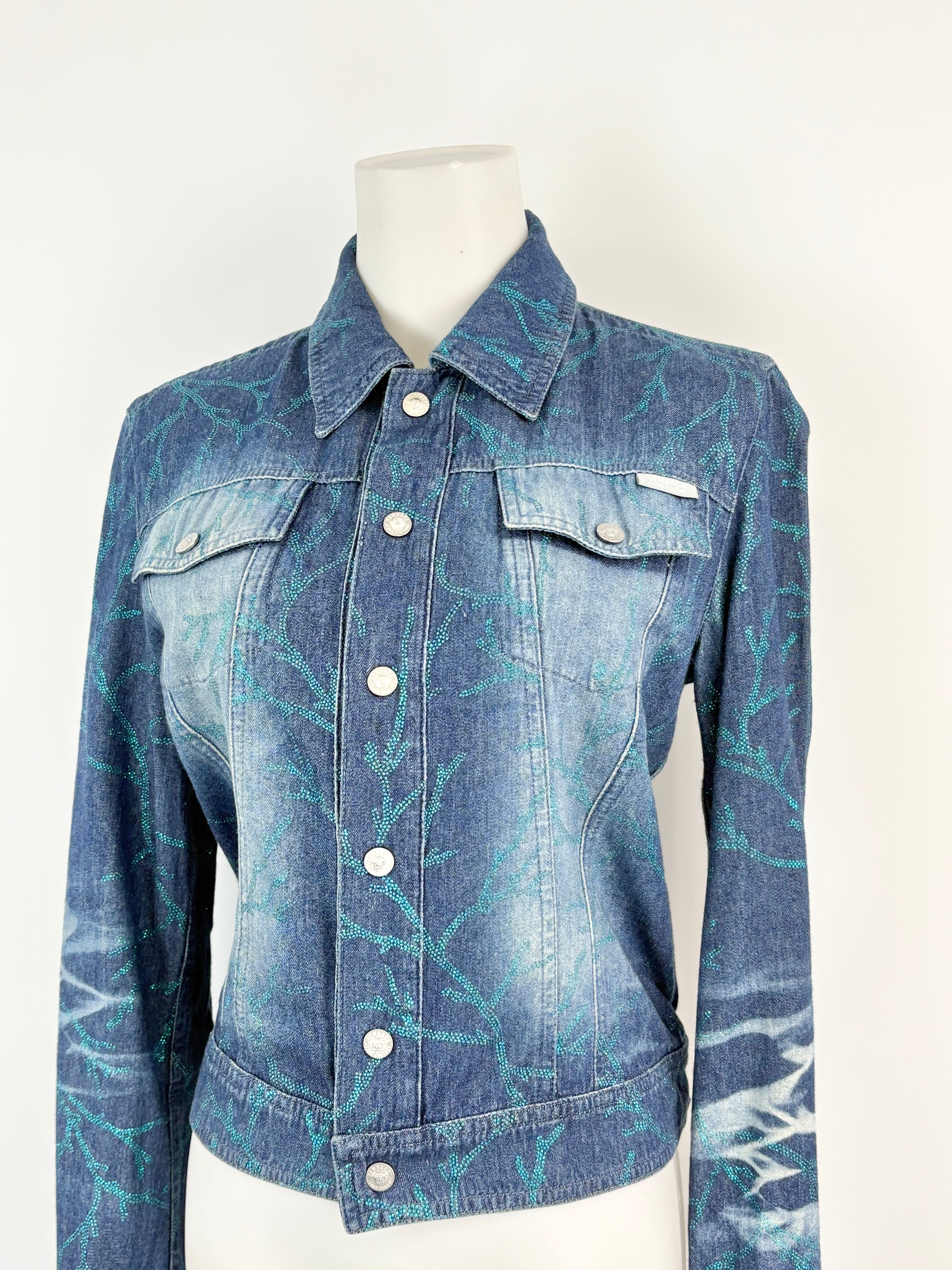 Y2K Versace Jeans Couture Washed Indigo Glittery Denim Jacket - AU8