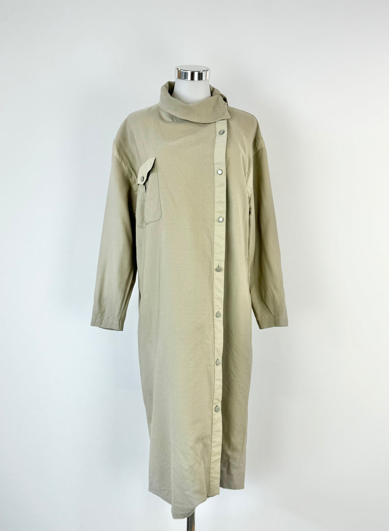 Vintage Louis Feraud Khaki Green Asymmetrical Button Dress - AU10