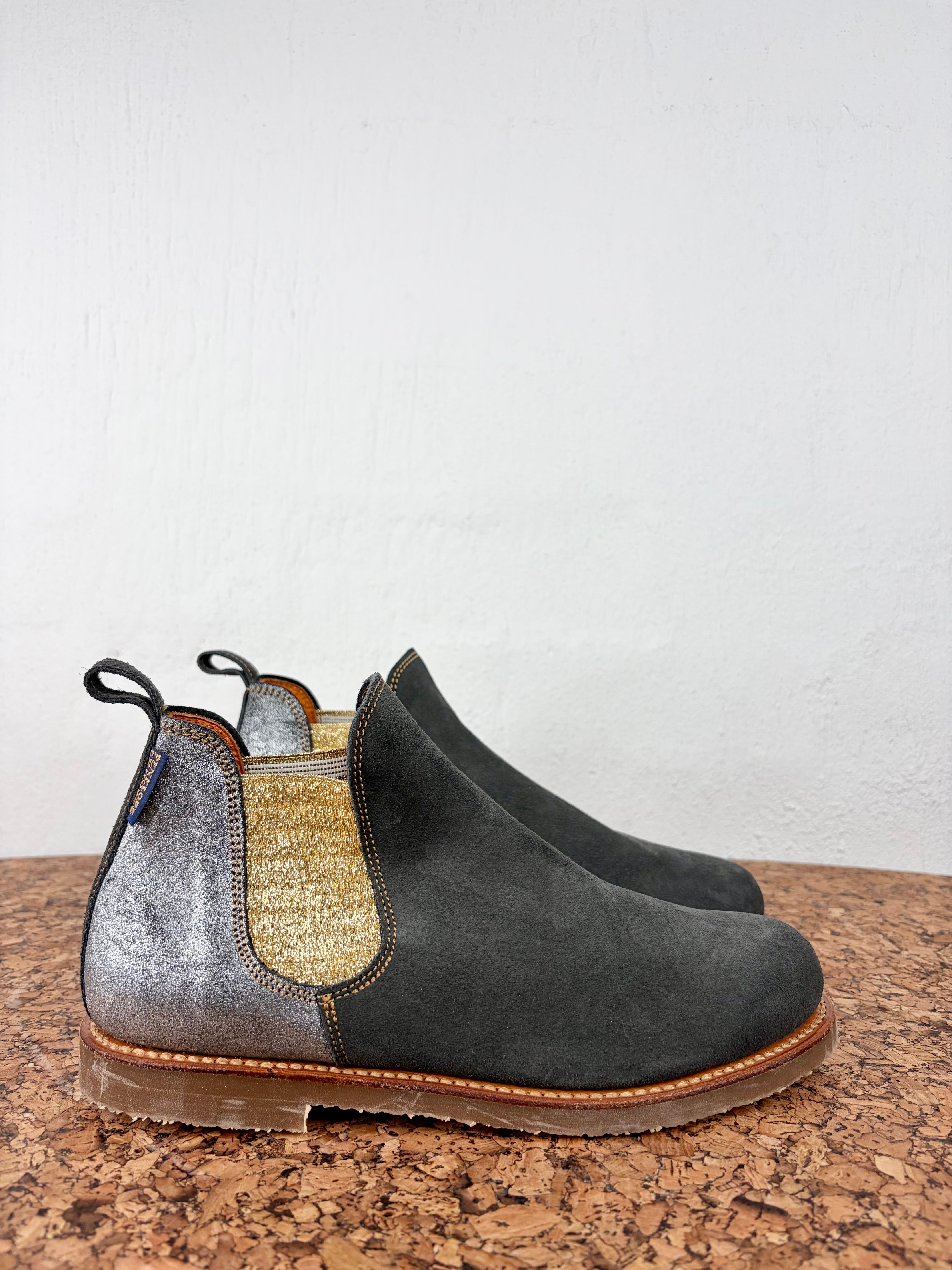 Penelope Chilvers Ash Grey, Metallic Gold & Silver Suede Ankle Boots - EU40