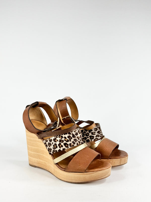 Tatoosh Tan & Leopard Print Peep Toe Wedges - EU38