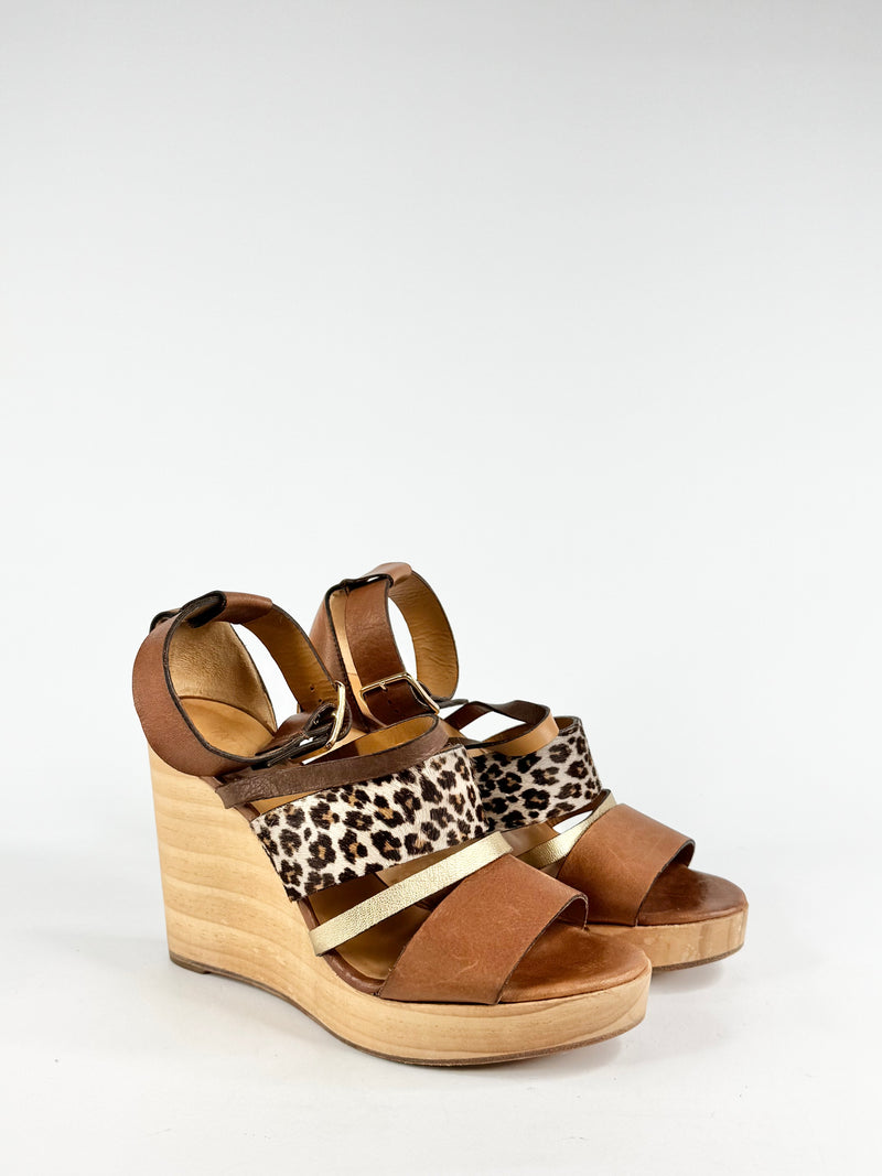 Tatoosh Tan & Leopard Print Peep Toe Wedges - EU38
