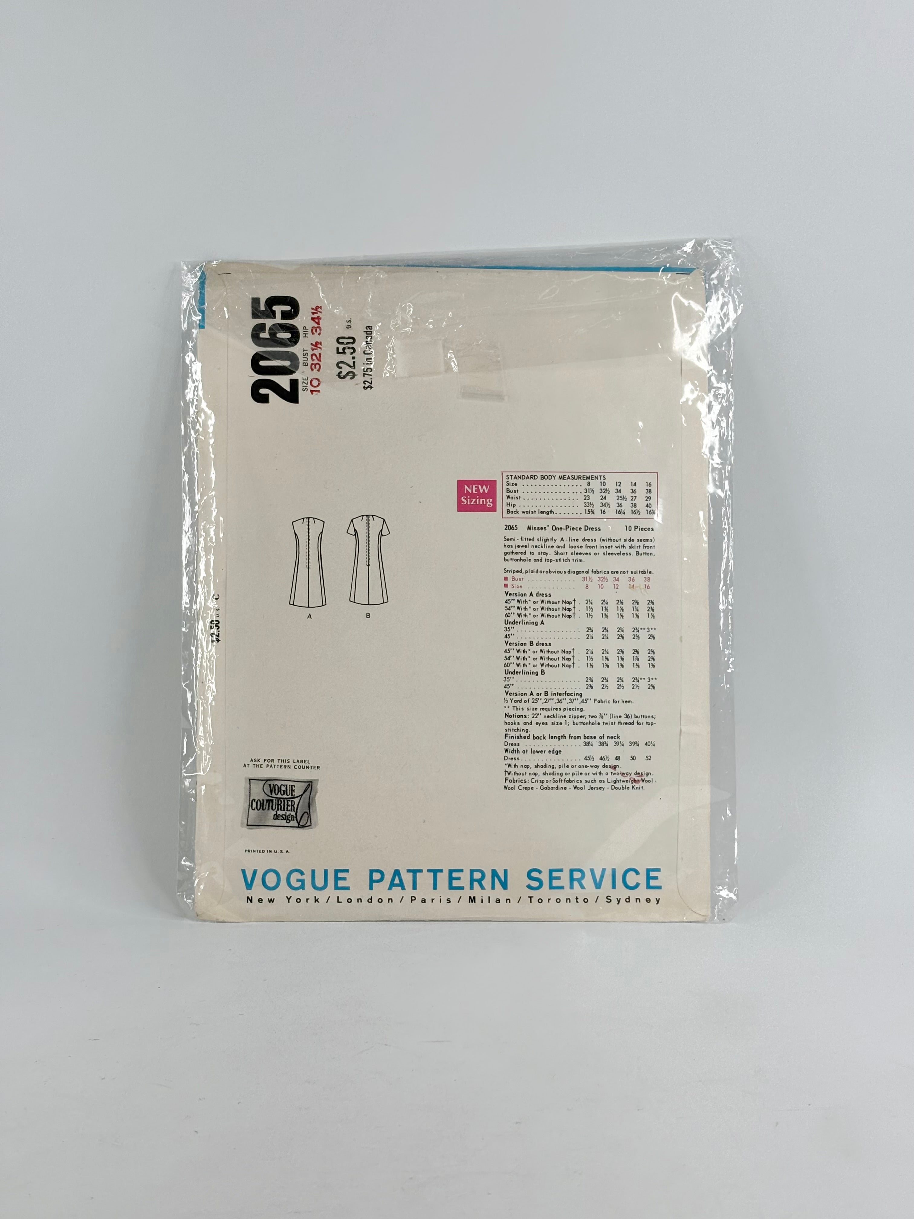 Vogue Couturier Design Fabiani Dress: No. 2065 - Size 10