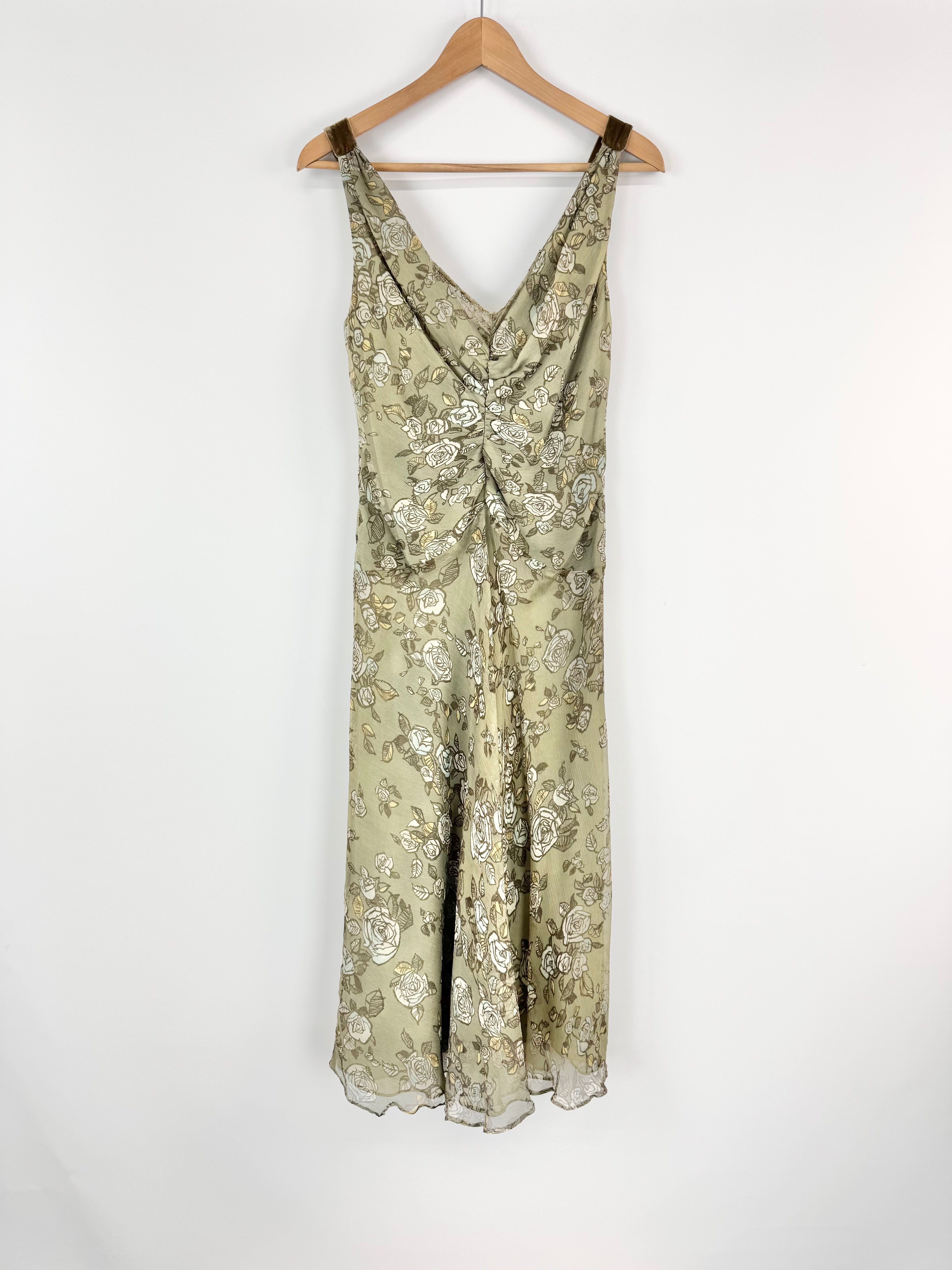 Moss & Spy Sage Green Floral 90s Style Midi Dress - AU10