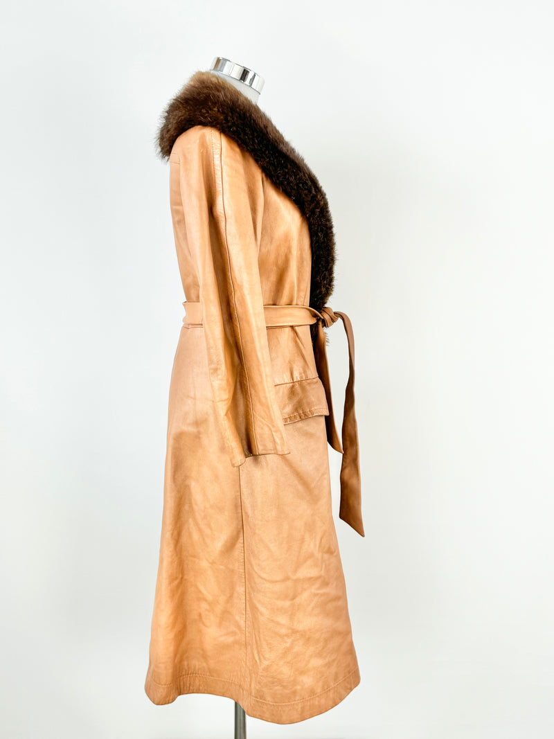 Vintage Leather & Fur Tan Tie Coat - AU8/10