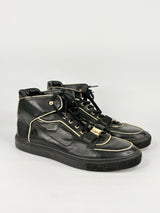 Versace Collection Black Leather & Gold Trim High-Top Sneakers - EU45