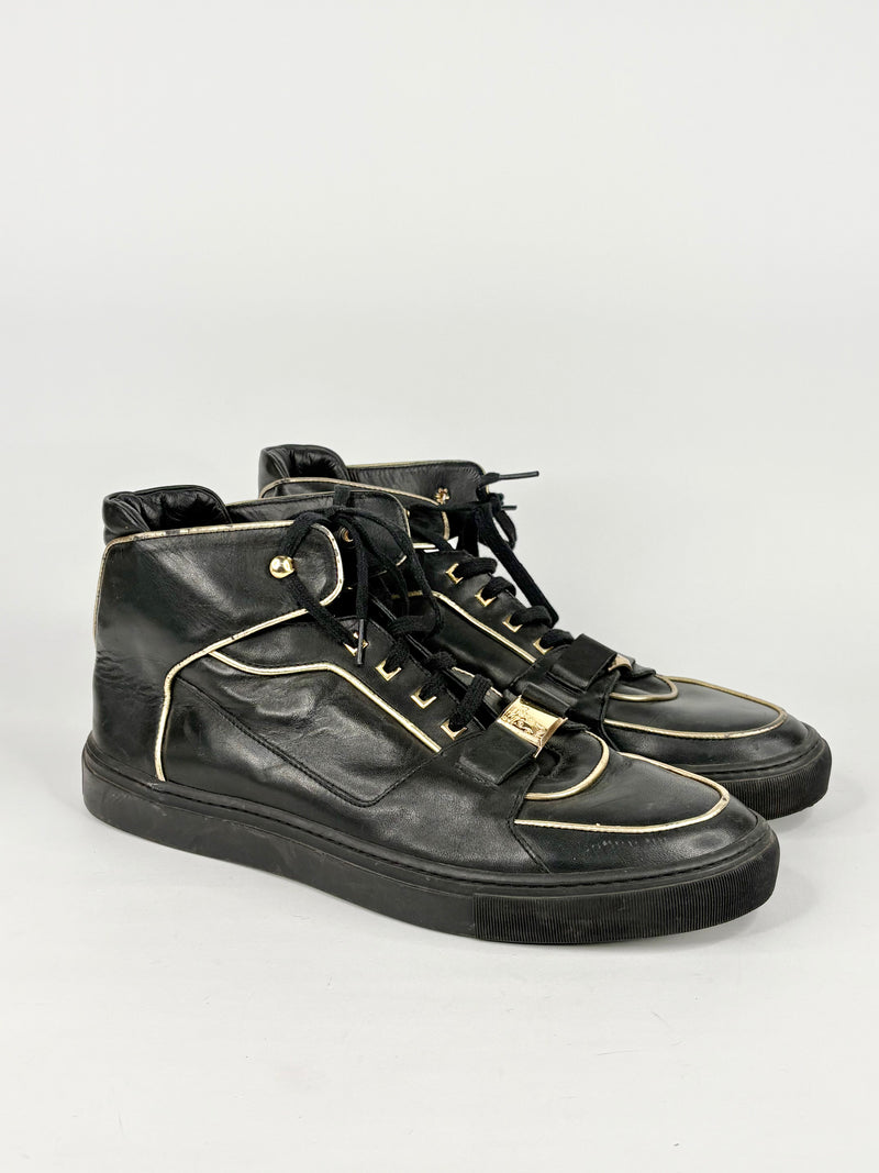 Versace Collection Black Leather & Gold Trim High-Top Sneakers - EU45