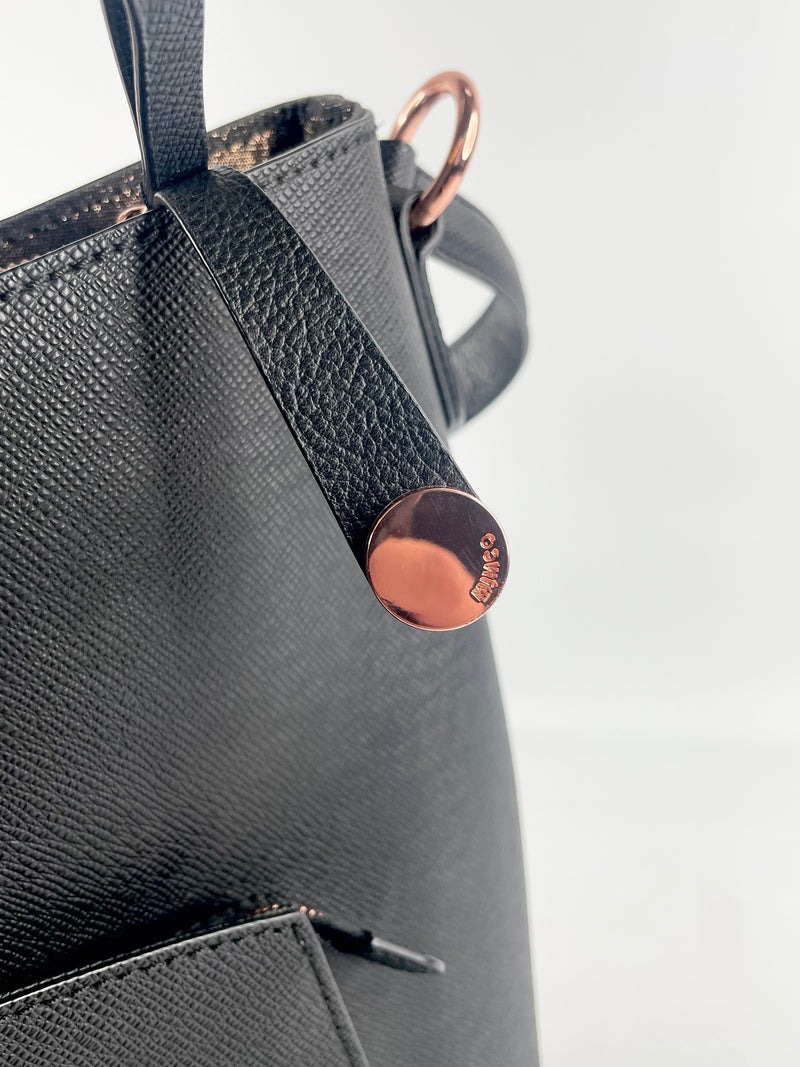 Mimco Black Grained Leather & Rose Gold Shoulder Bag