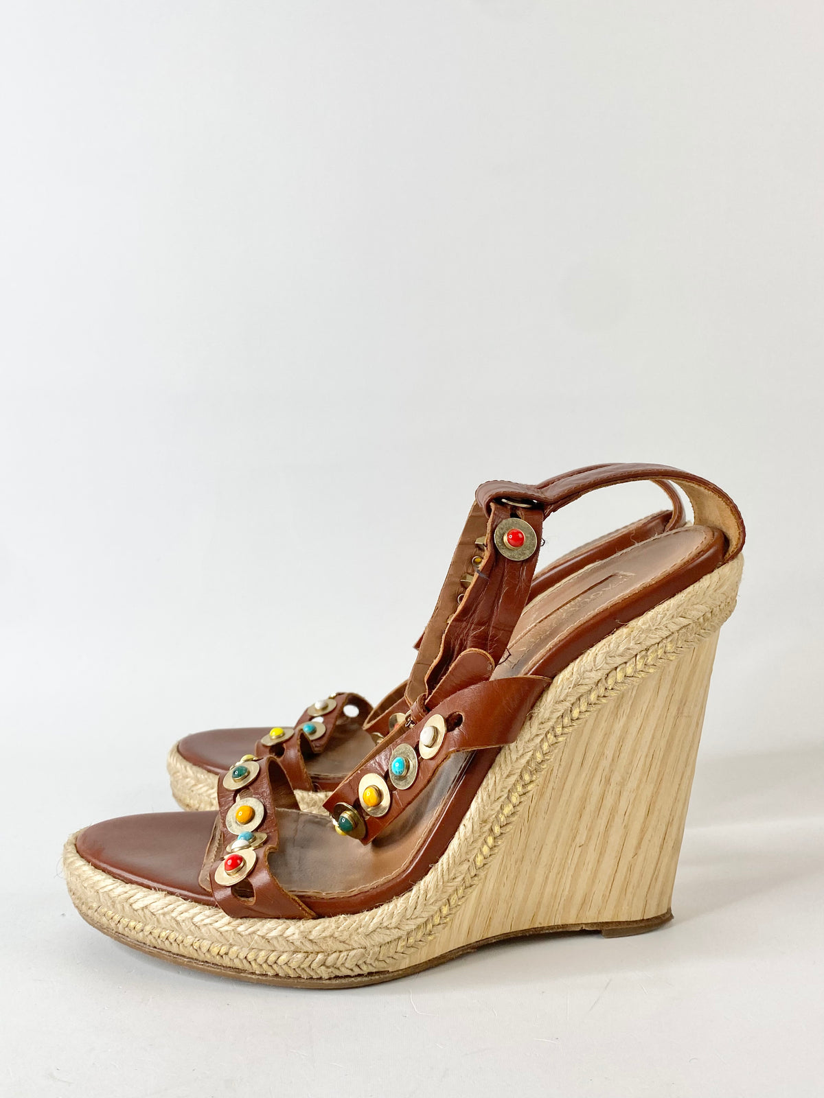 Aquazzura Tan Semi-Precious Stone Studded Wedges - EU38