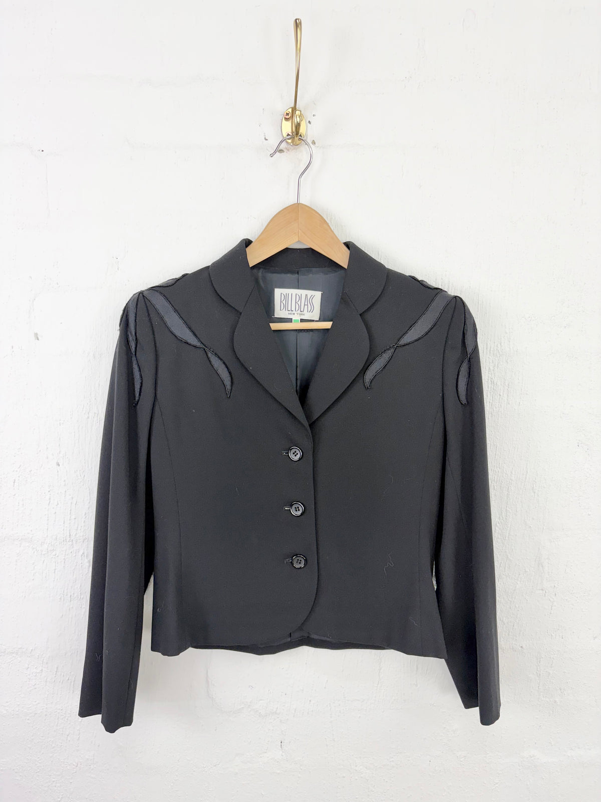 Vintage 80s Bill Blass Black Applique Shoulder Cropped Jacket - AU10