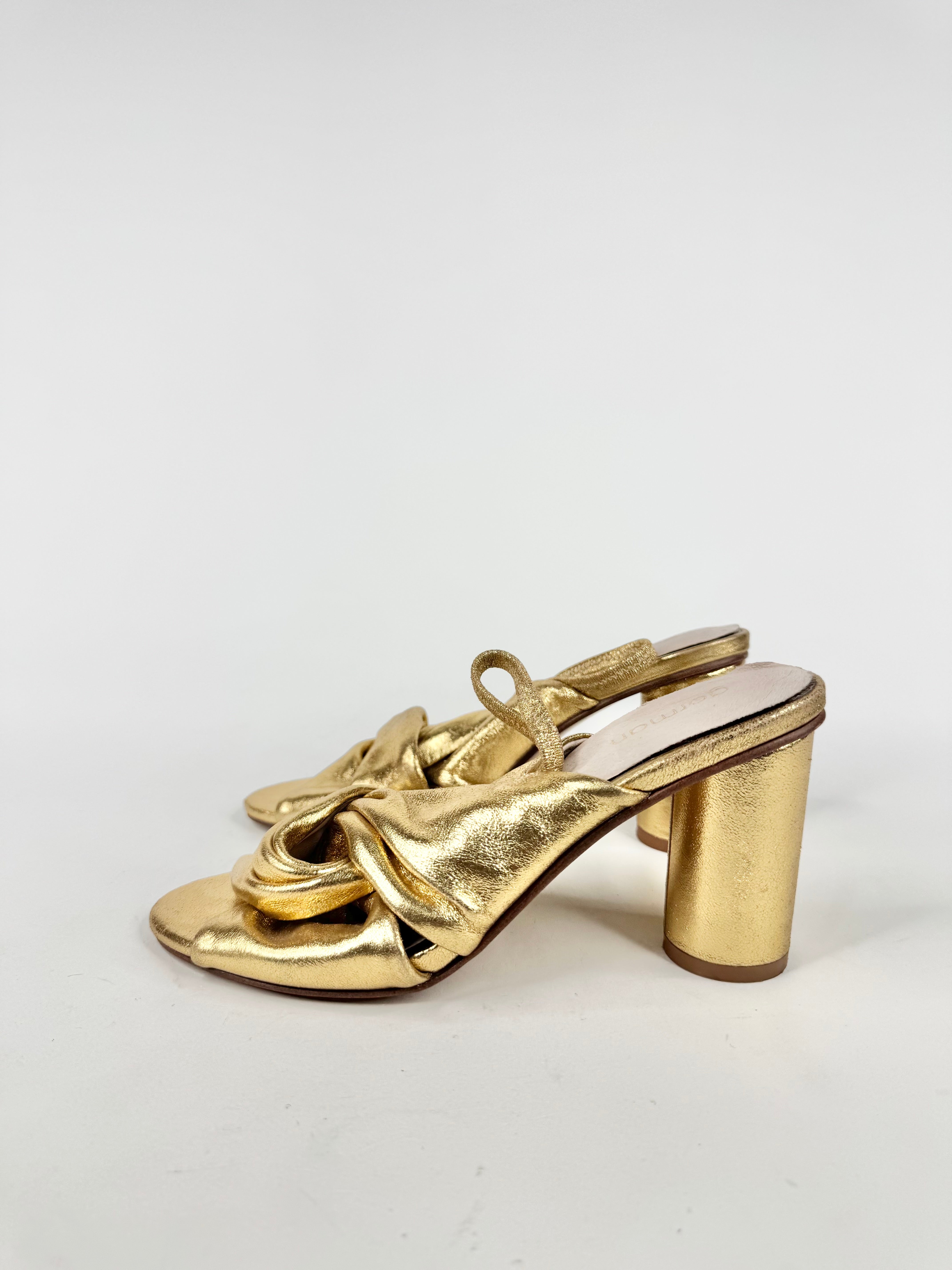 Gorman Metallic Gold Leather Knotted Bloc Heels - EU38