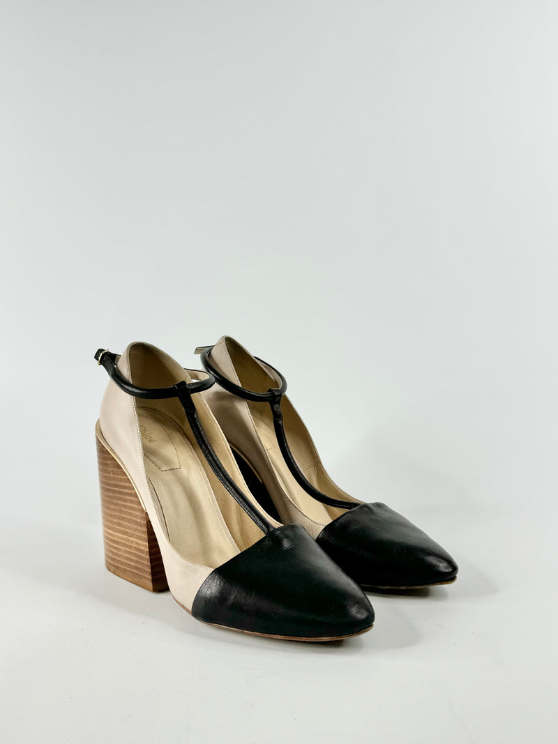 Chloe Soft Beige & Black Block Heels - EU38