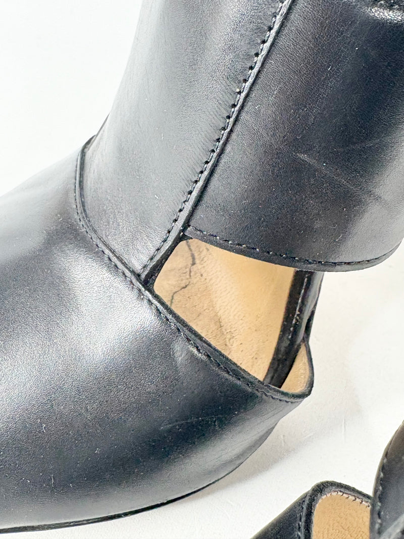 Bianca Buccheri Smooth Black Leather Open-Toe Ankle Boots - EU40