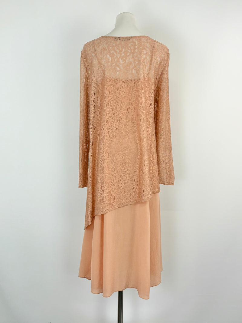 Marisfrolg Taupe Embroidered Lace Dress with Silk Slip - AU8/10