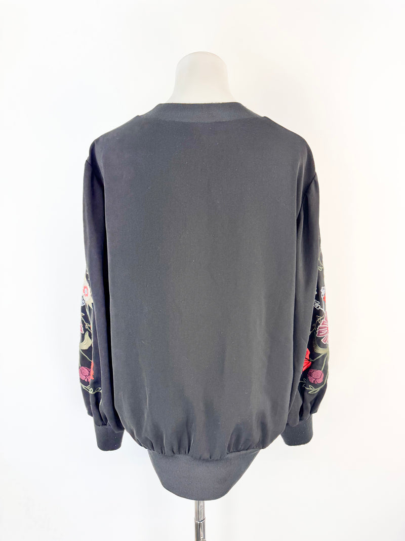 Veronika Maine Black Floral Embroidered Bishop Sleeve Blouse - AU8