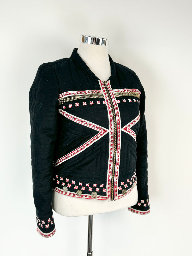 Flannel Coin Embellished Embroidered Quilted Jacket - AU10