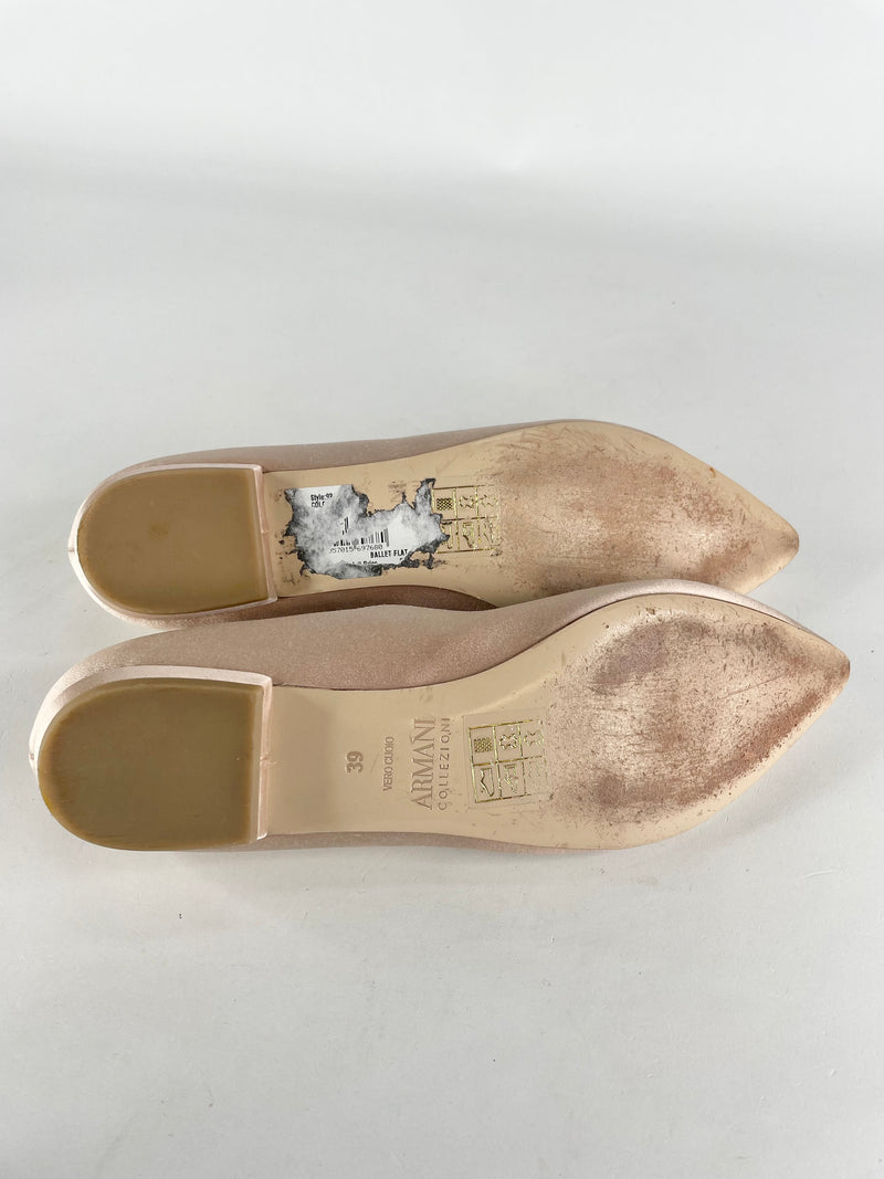 Armani Collezioni Satin Champagne Pointed Toe Ballet Flats - EU39