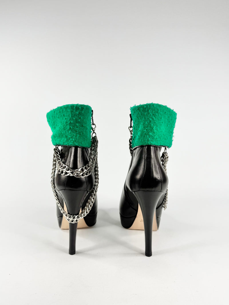 Stefano Stefani Black & Green Felt Chain Ankle Boots - EU41