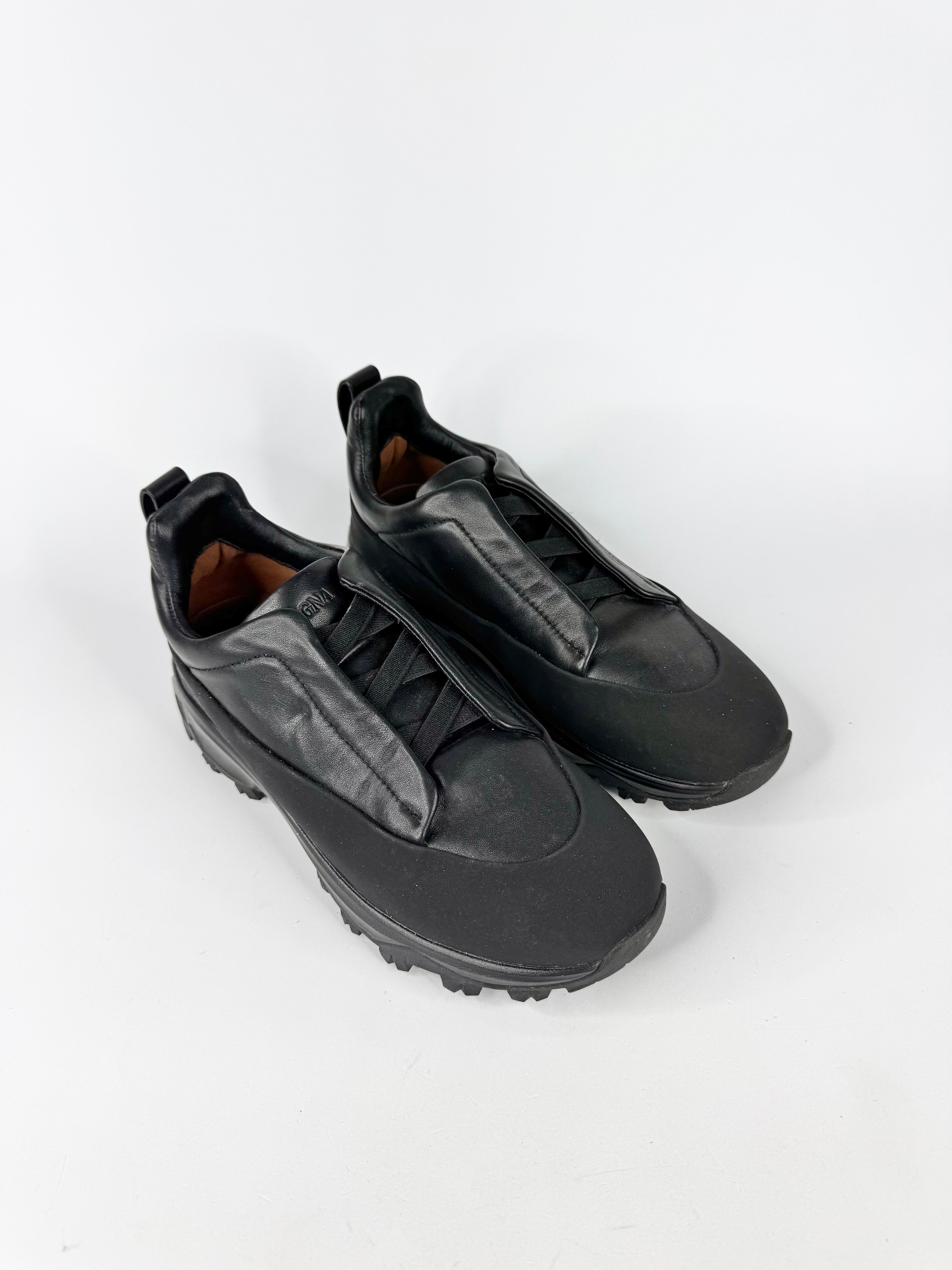 Zegna Black 'Triple Stitch' Monte Rubber Leather Slip on Sneakers  - EU40