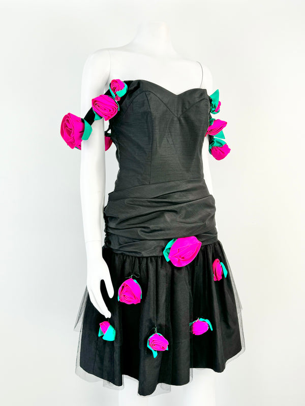 Vintage What's This Black & Bright Pink Rosette Dress - AU6