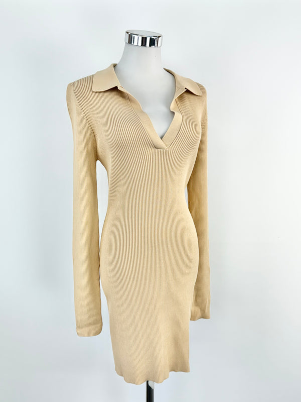 Bec + Bridge Beige Rib Knit Long Sleeve Body Con Dress - AU14