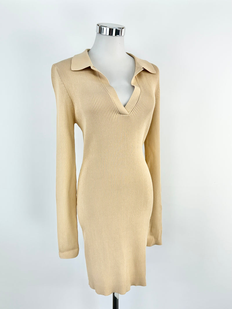 Bec + Bridge Beige Rib Knit Long Sleeve Body Con Dress - AU14