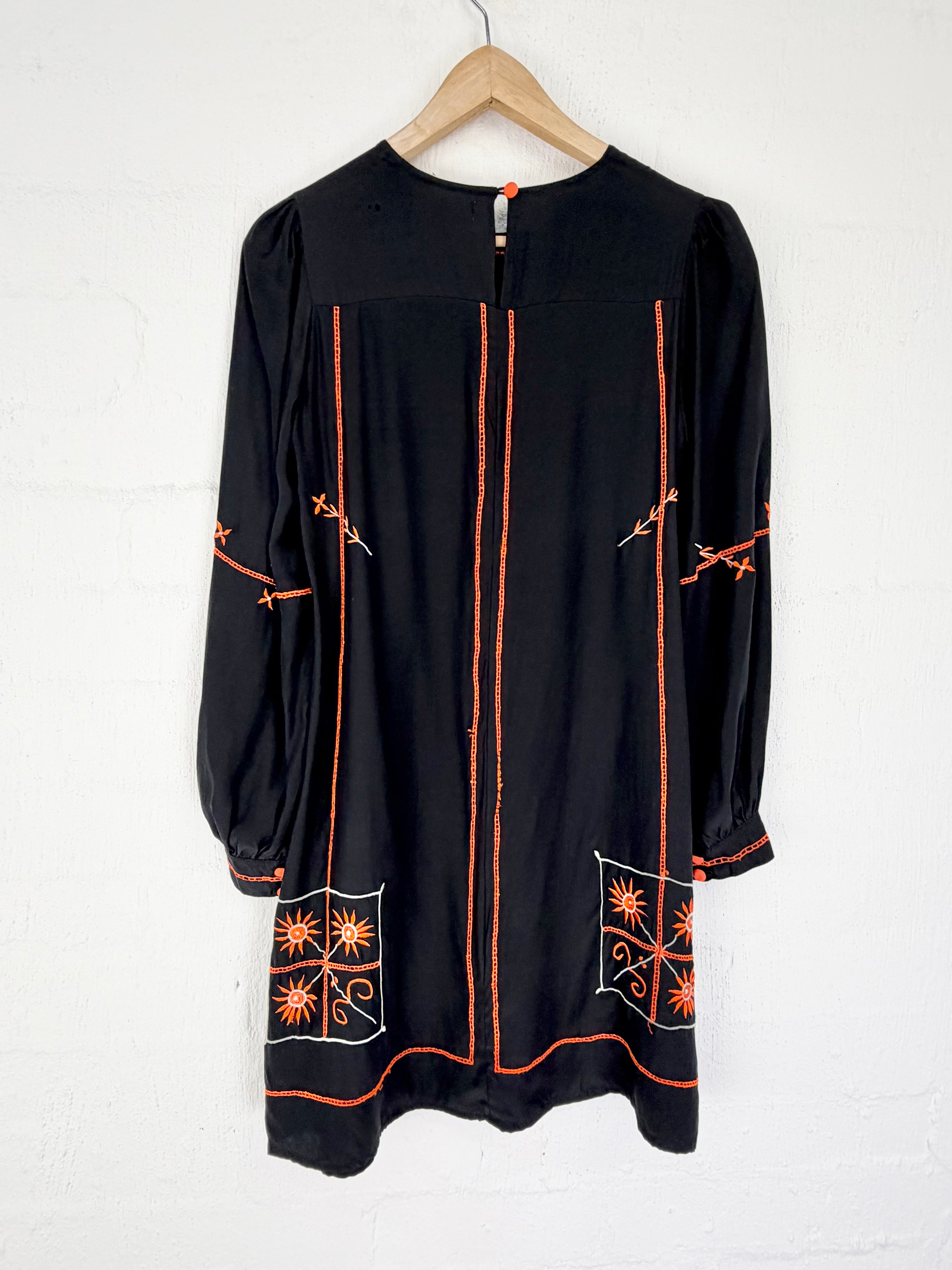 Alice McCall Black & Orange Embroidered Puff Sleeve Mini Dress - AU10