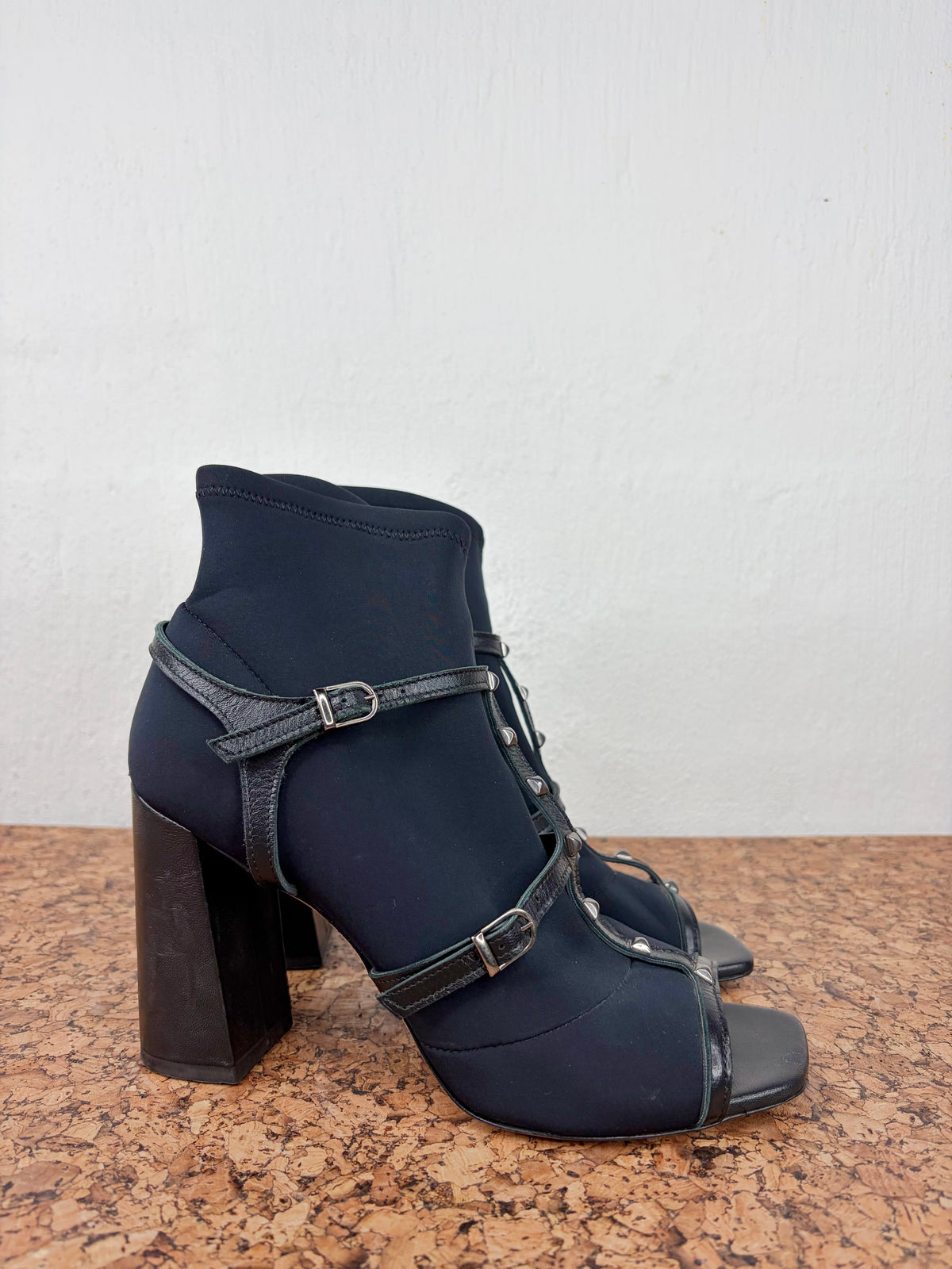 OVYÉ Black Neoprene & Leather Caged Studded Block Heels - EU39