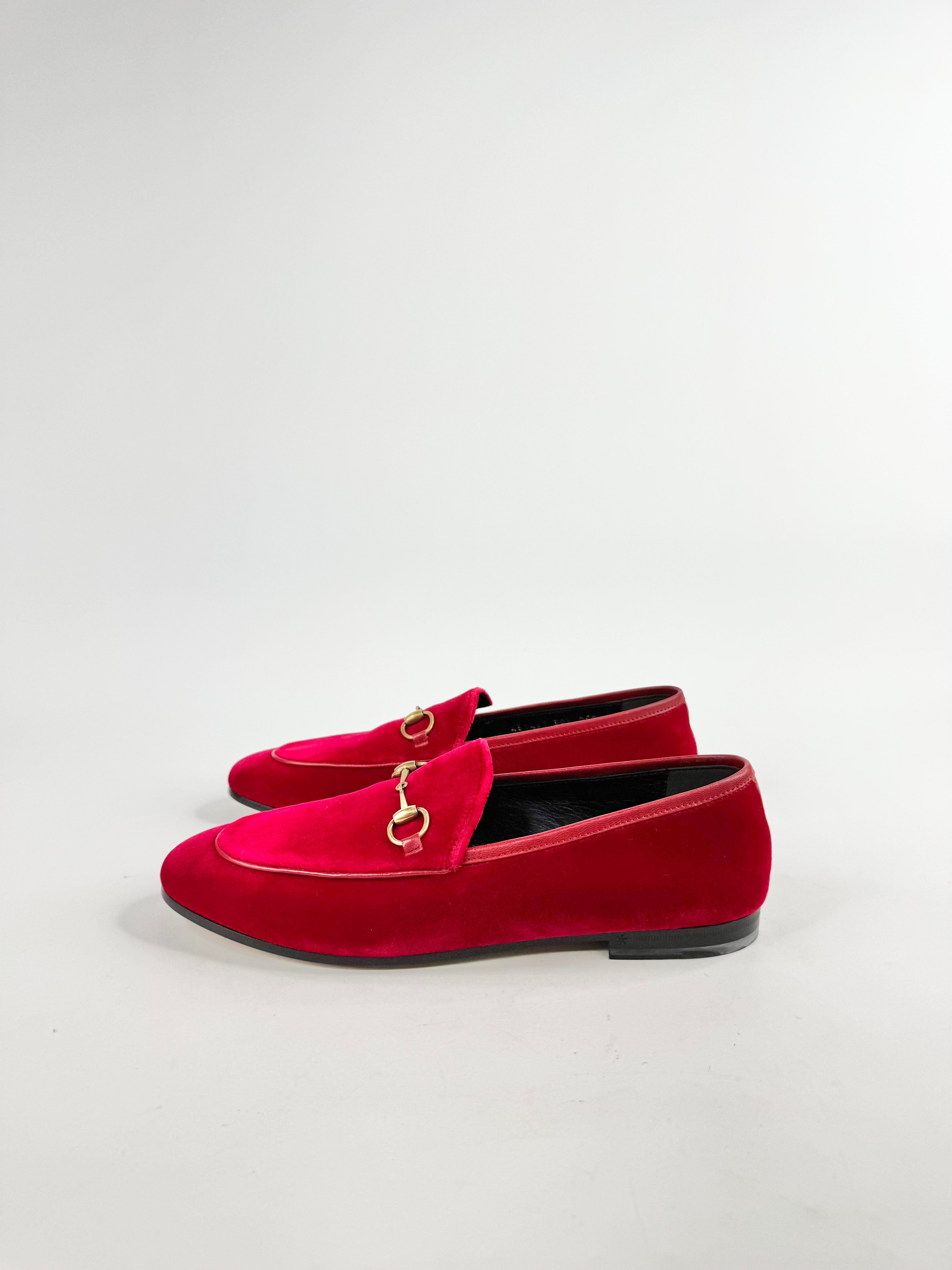Gucci Red Velvet Horsebit Loafers - EU38.5